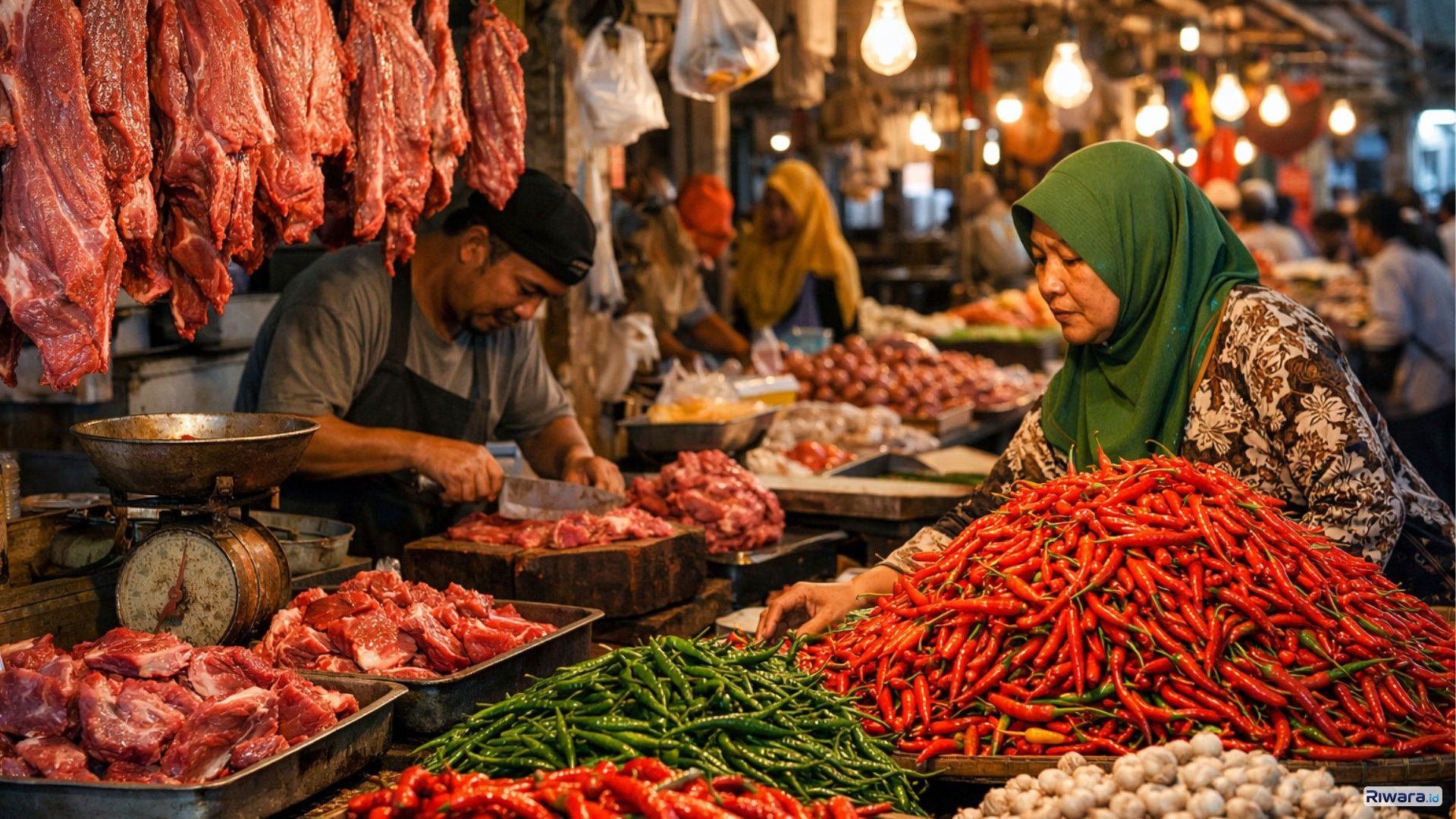 Ilustrasi pedagang daging dan cabai di pasar tradisional. Harga sejumlah komoditas pangan nasional naik menjelang Idulfitri 2026, bahkan sebagian melampaui harga acuan pemerintah.